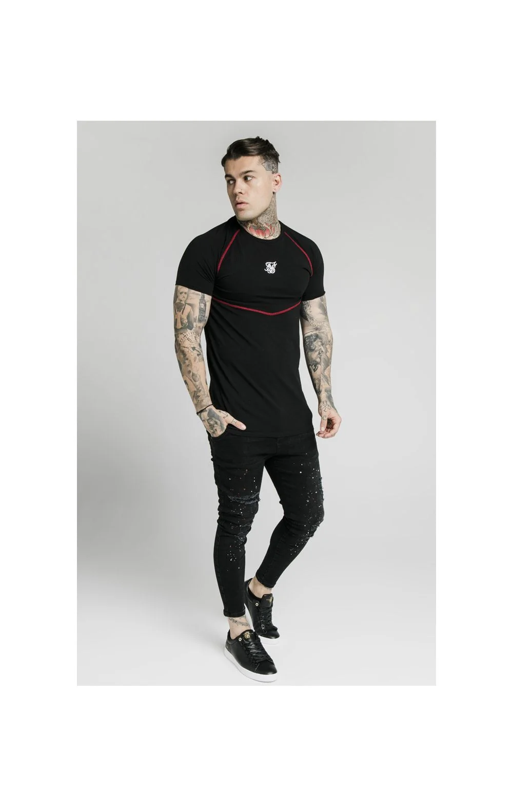 SikSilk Cover Stitch Raglan Gym Tee - Black & Red - Image 6