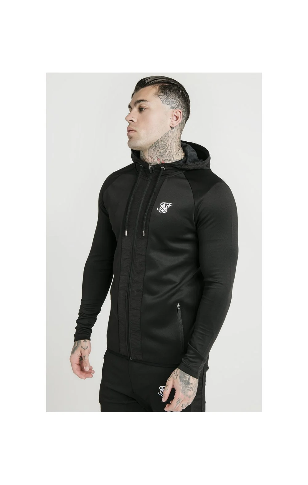 SikSilk Creased Nylon Zip Through Hoodie – Black