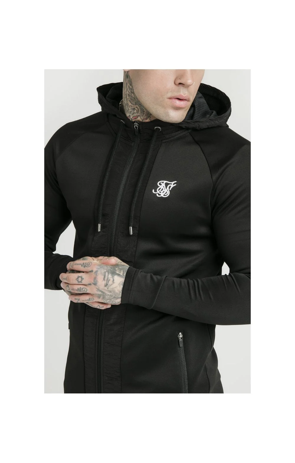 SikSilk Creased Nylon Zip Through Hoodie – Black - Image 2