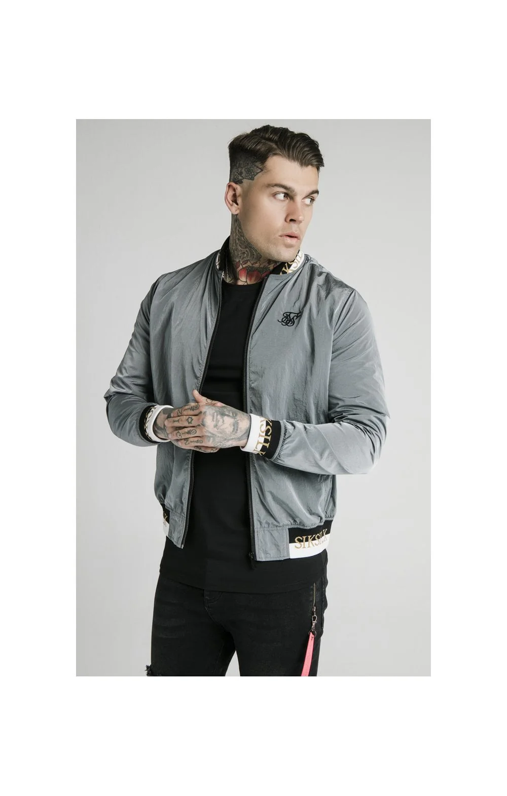 SikSilk Crushed Nylon Bomber Jacket - Grey