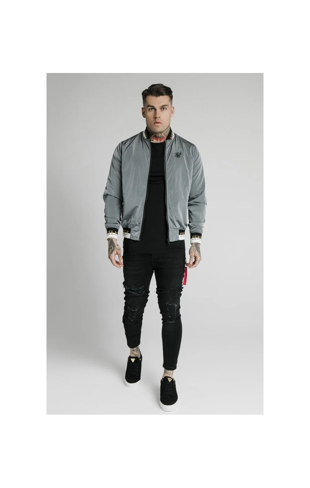 SikSilk Crushed Nylon Bomber Jacket - Grey - Image 2