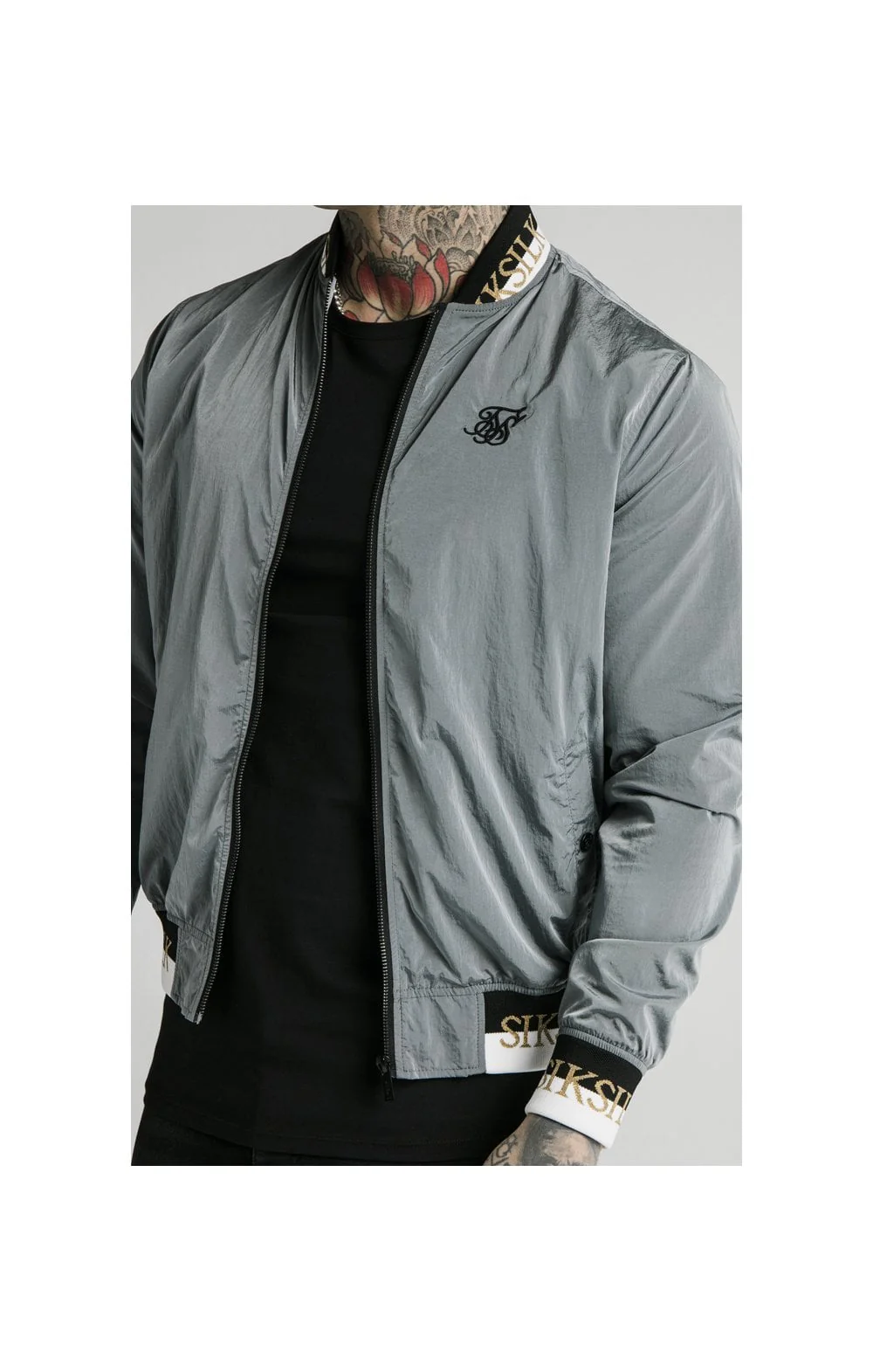 SikSilk Crushed Nylon Bomber Jacket - Grey - Image 3