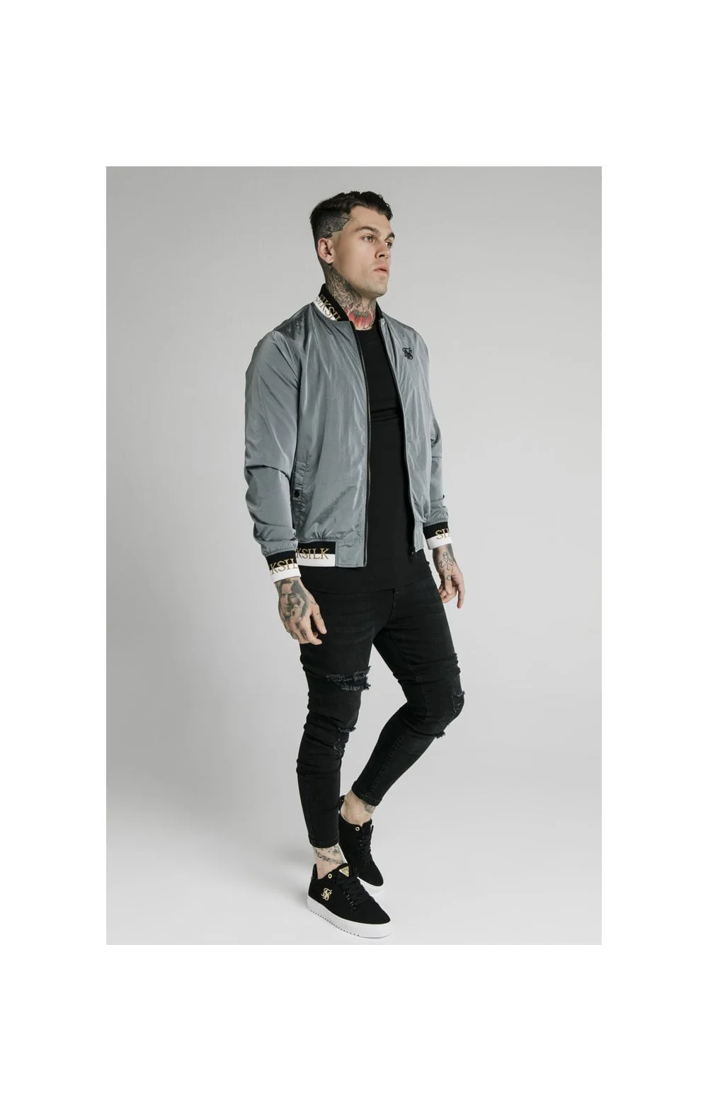 SikSilk Crushed Nylon Bomber Jacket - Grey - Image 4