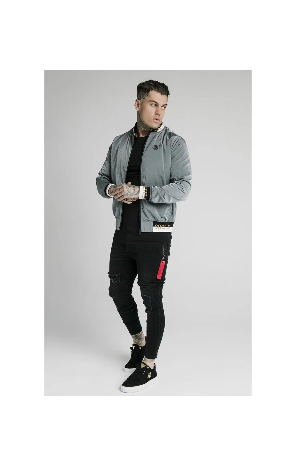 SikSilk Crushed Nylon Bomber Jacket - Grey - Image 5