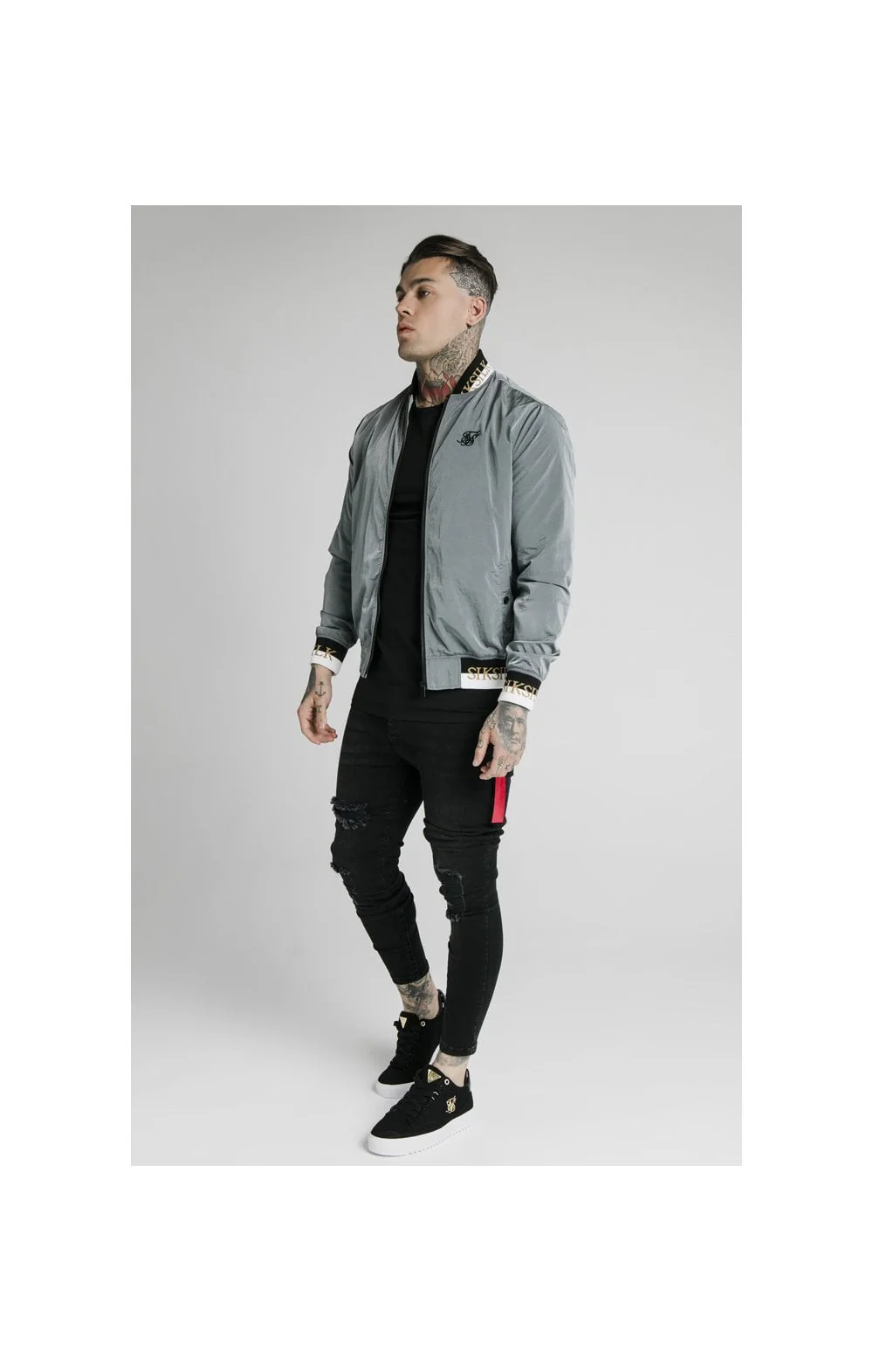 SikSilk Crushed Nylon Bomber Jacket - Grey - Image 6