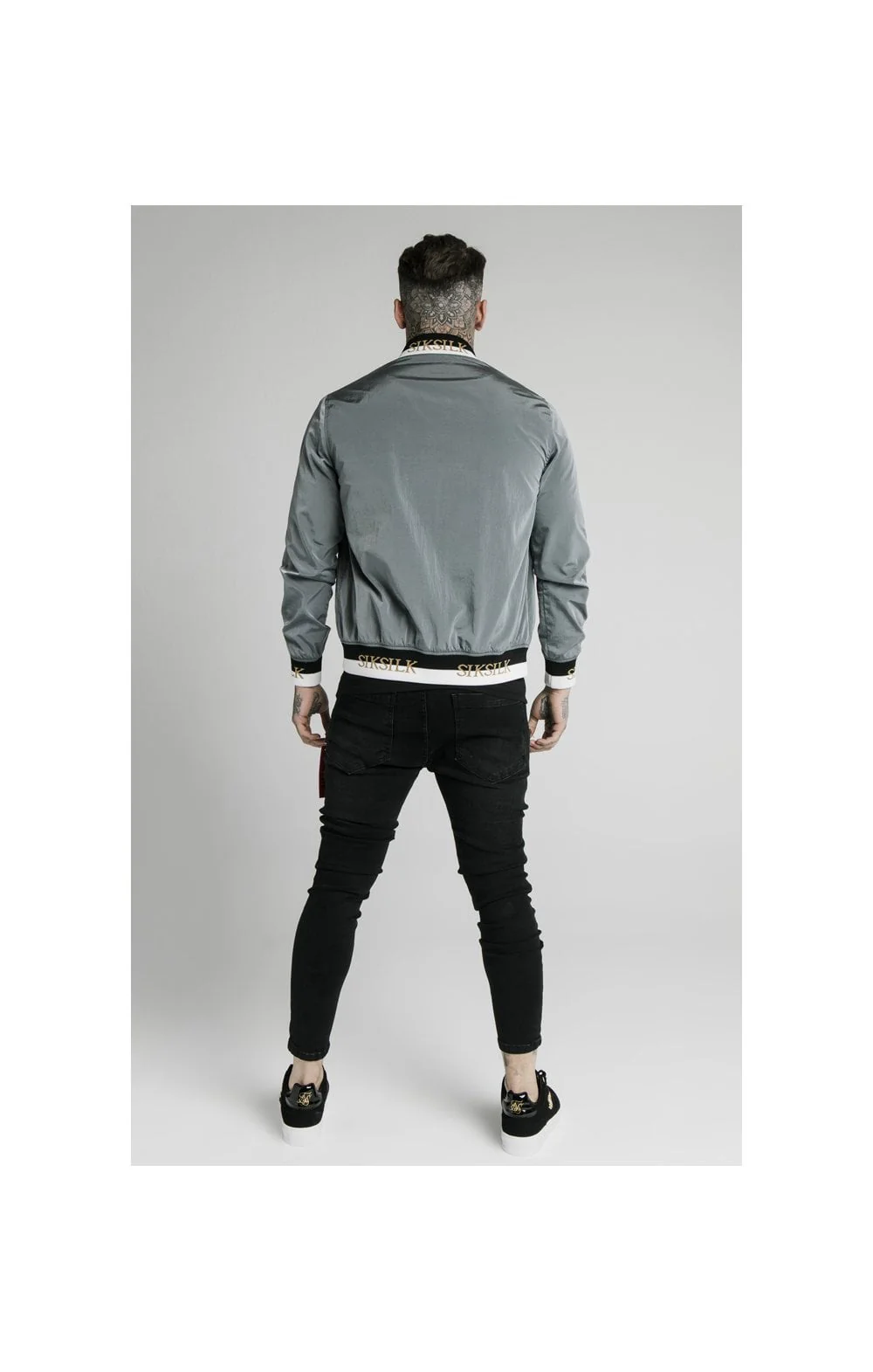 SikSilk Crushed Nylon Bomber Jacket - Grey - Image 7