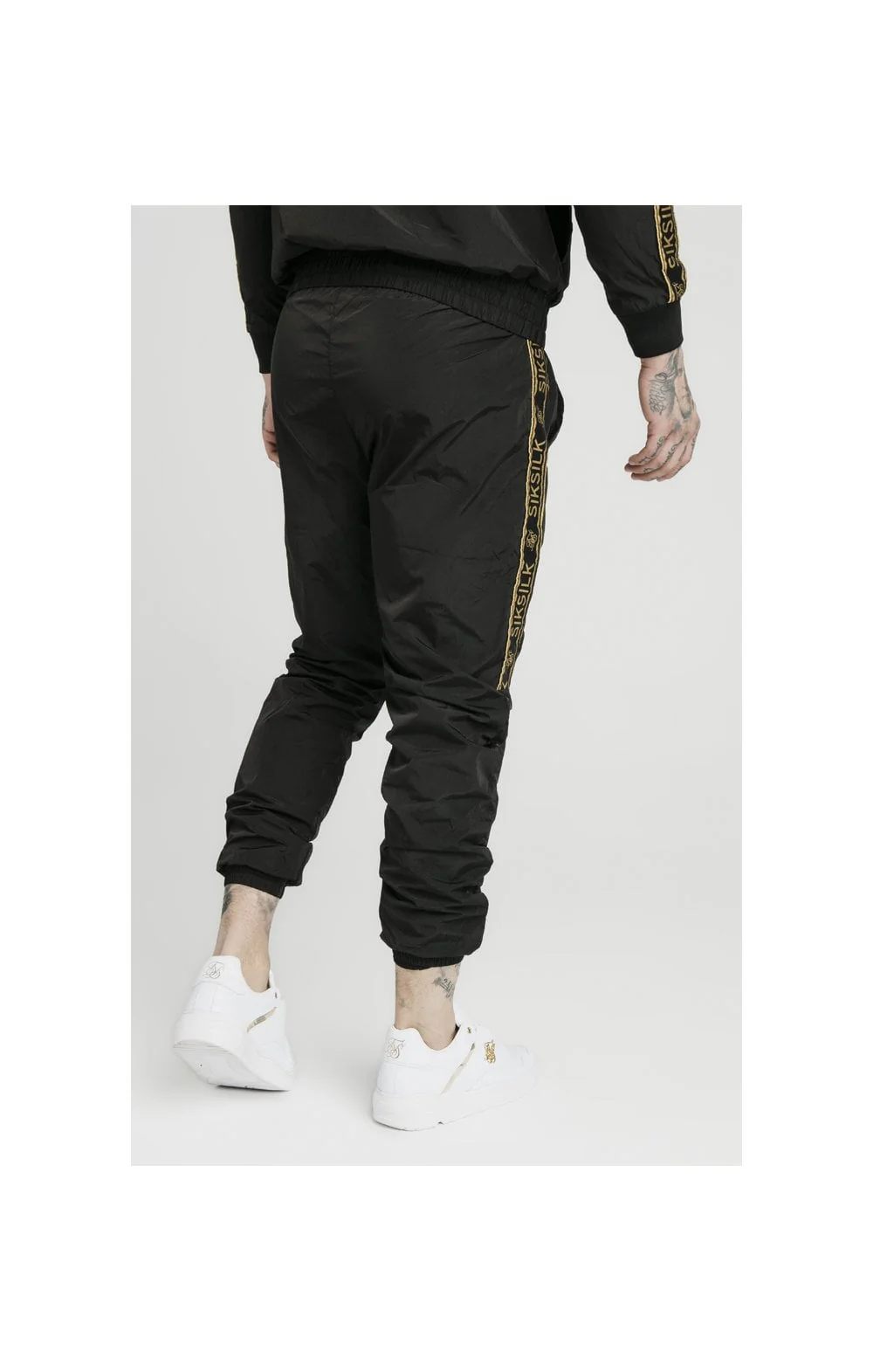 SikSilk Crushed Nylon Taped Joggers – Black & Gold - Image 2
