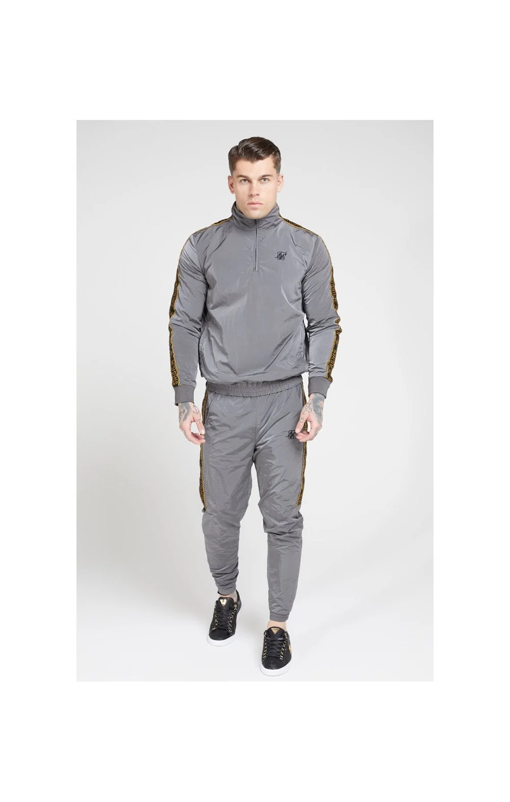 SikSilk Crushed Nylon Taped Joggers – Grey & Gold - Image 3