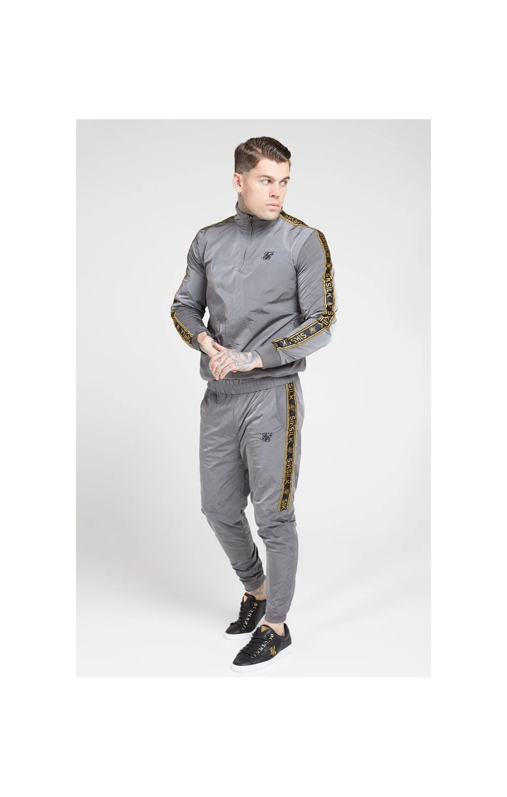 SikSilk Crushed Nylon Taped Joggers – Grey & Gold - Image 4