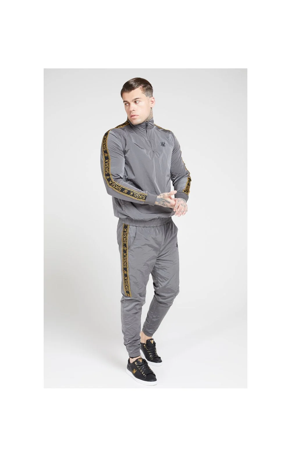 SikSilk Crushed Nylon Taped Joggers – Grey & Gold - Image 5