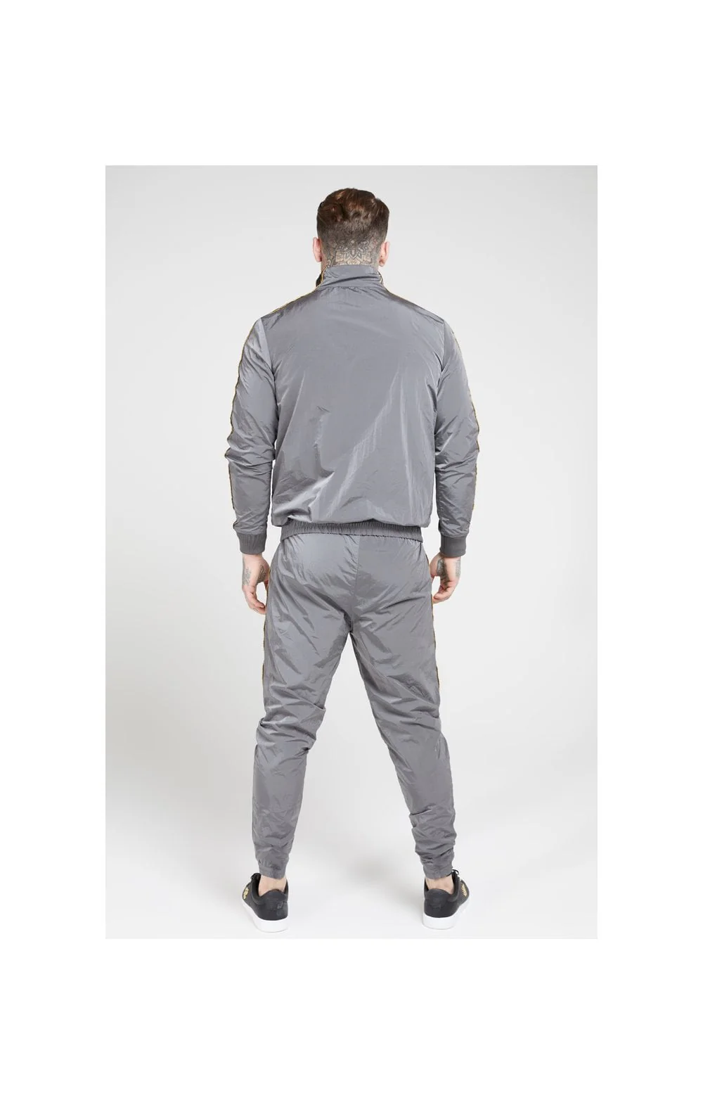 SikSilk Crushed Nylon Taped Joggers – Grey & Gold - Image 6
