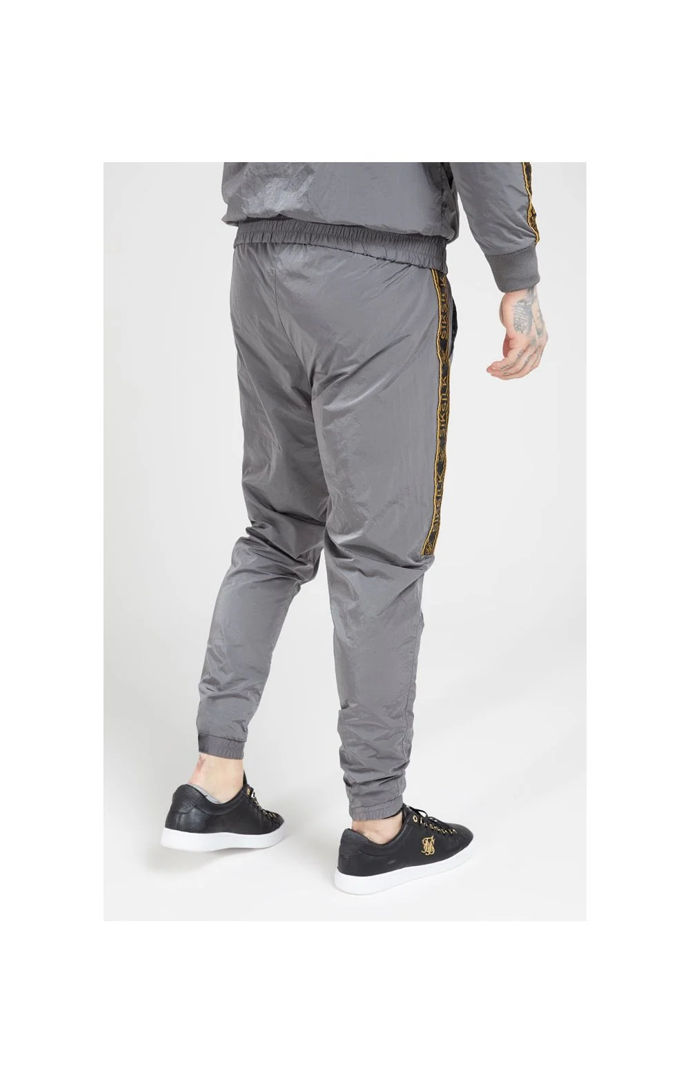 SikSilk Crushed Nylon Taped Joggers – Grey & Gold - Image 7