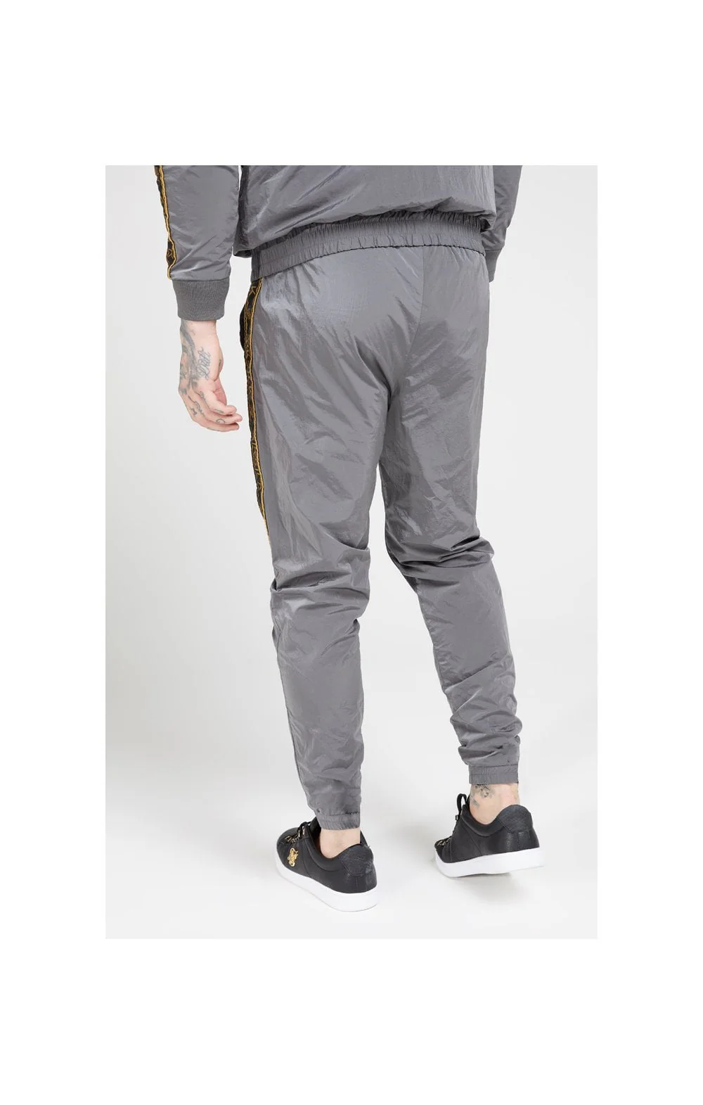 SikSilk Crushed Nylon Taped Joggers – Grey & Gold - Image 8