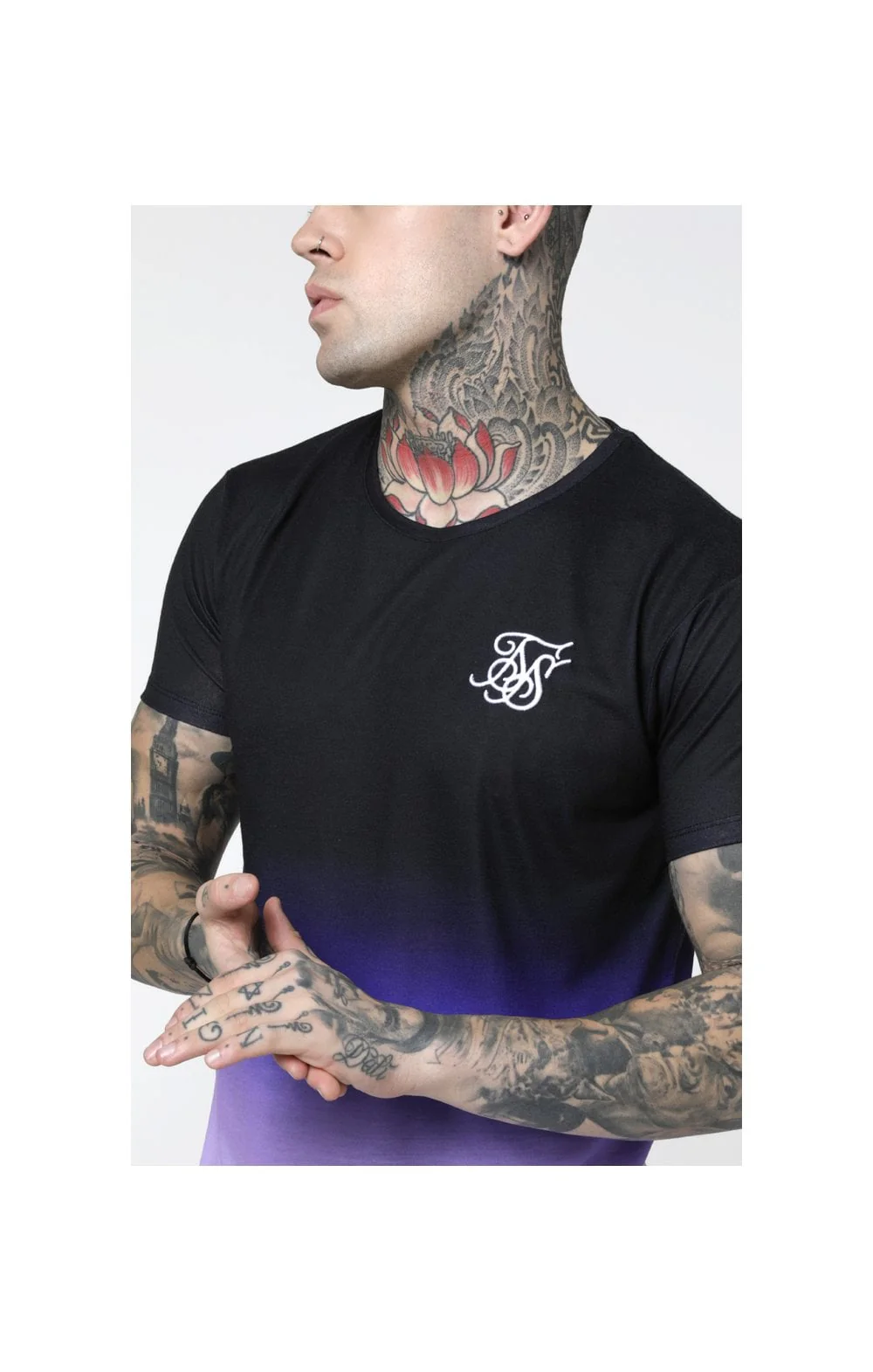 SikSilk Curved Hem Fade Tee - Black,Purple & White - Image 2