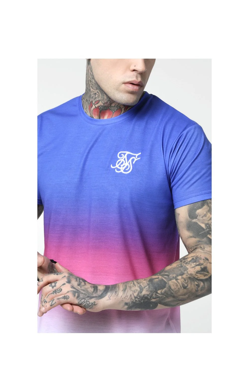 SikSilk Curved Hem Fade Tee - Blue,Pink & White - Image 2