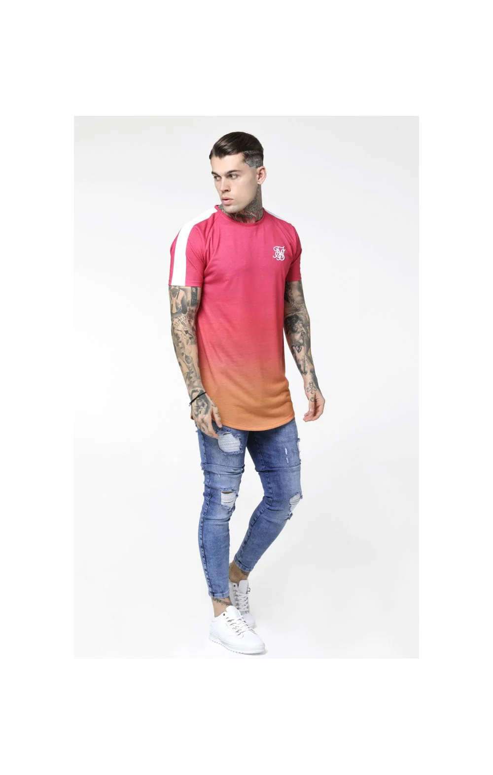 SikSilk Curved Hem Raglan Fade Tee - Orange & Pink - Image 3