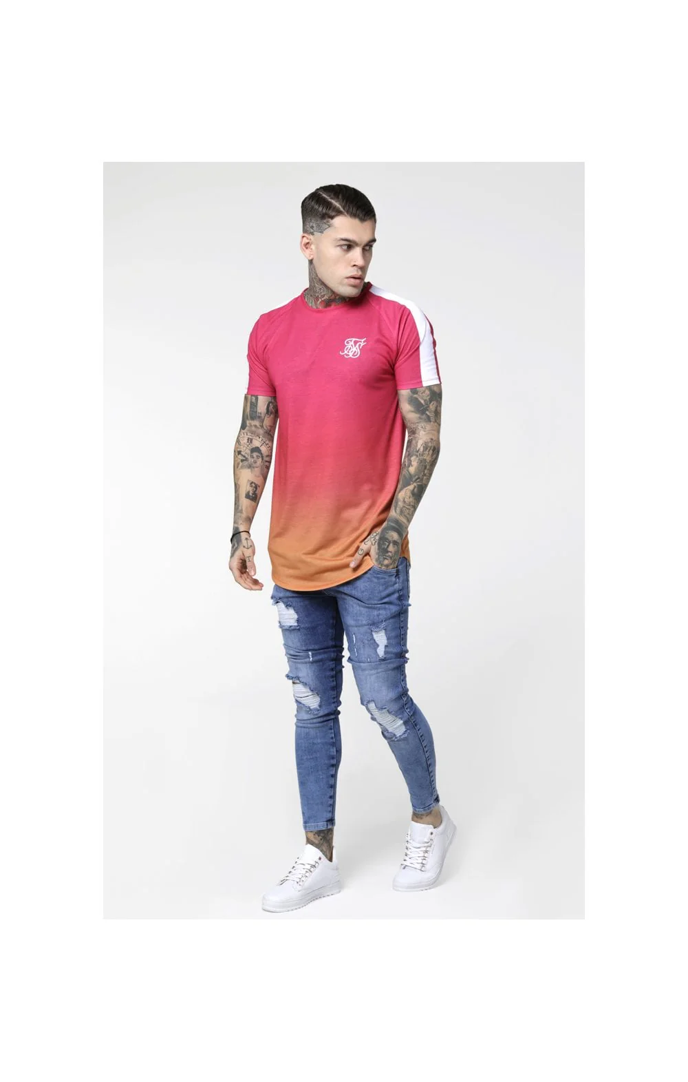 SikSilk Curved Hem Raglan Fade Tee - Orange & Pink - Image 4