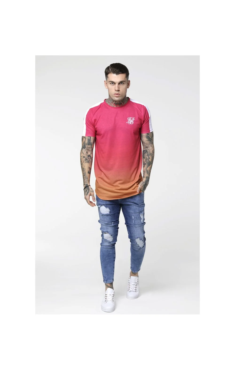 SikSilk Curved Hem Raglan Fade Tee - Orange & Pink - Image 5