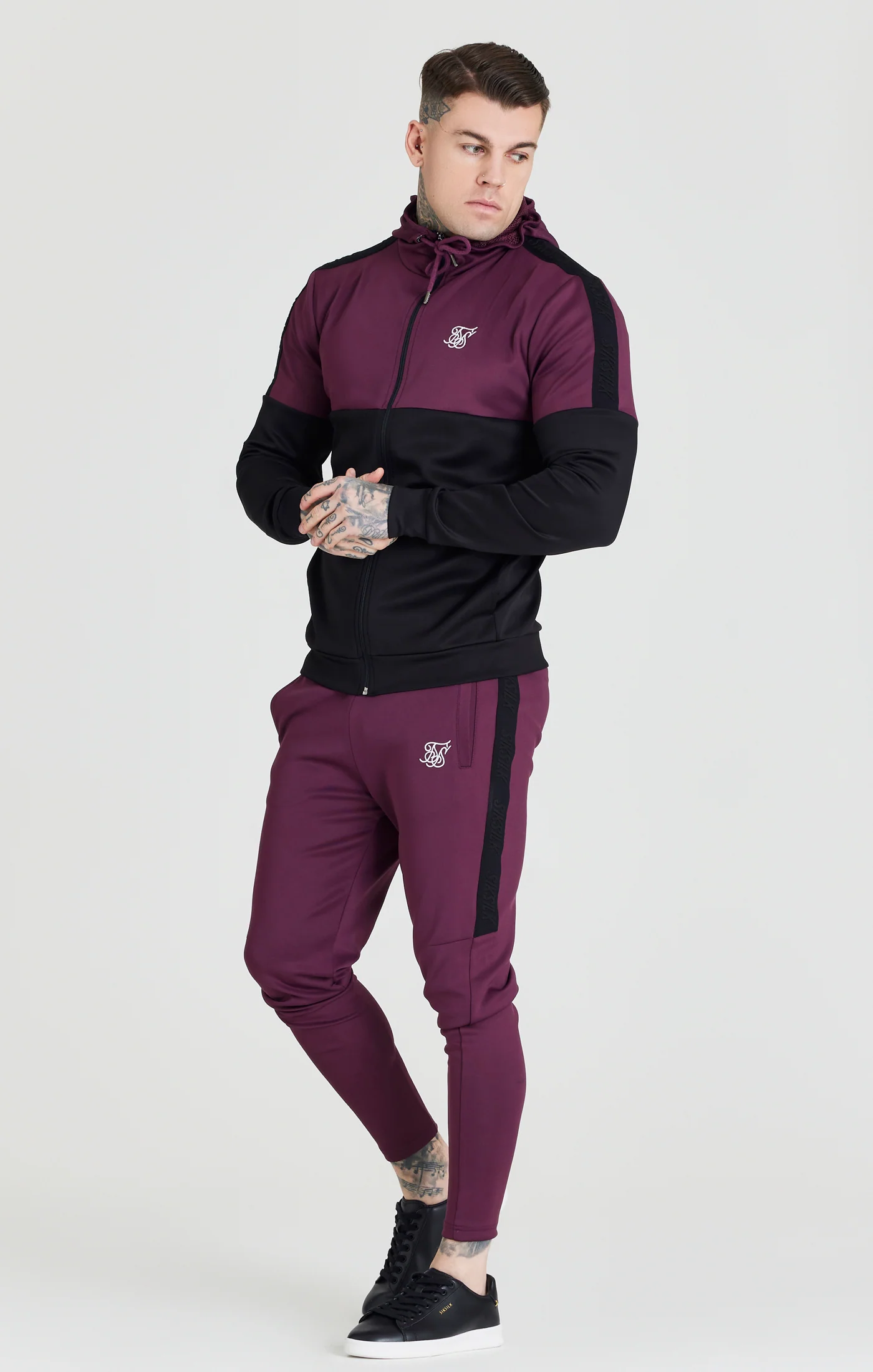 SikSilk Cut & Sew Zip Through Hood - Burgundy & Black - Image 2