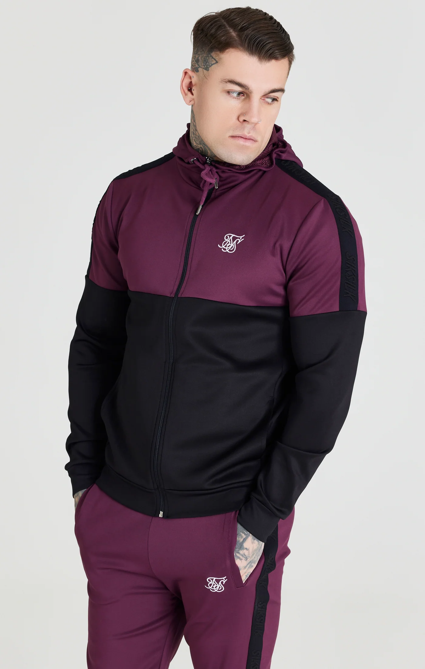 SikSilk Cut & Sew Zip Through Hood - Burgundy & Black - Image 5