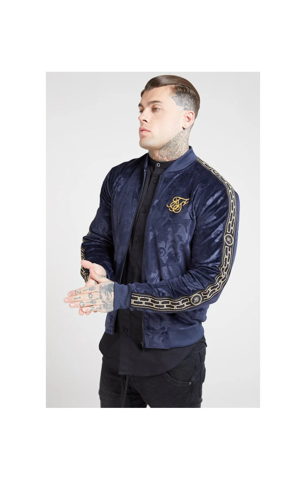SikSilk Debossed Velour Bomber Jacket – Navy - Image 2