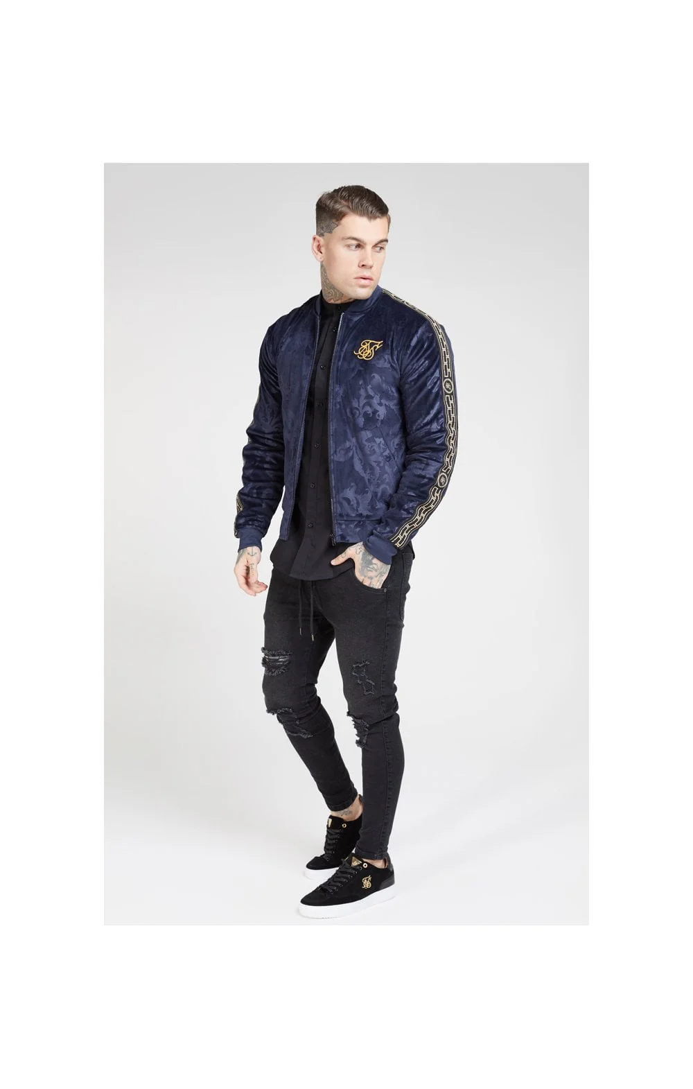 SikSilk Debossed Velour Bomber Jacket – Navy - Image 3