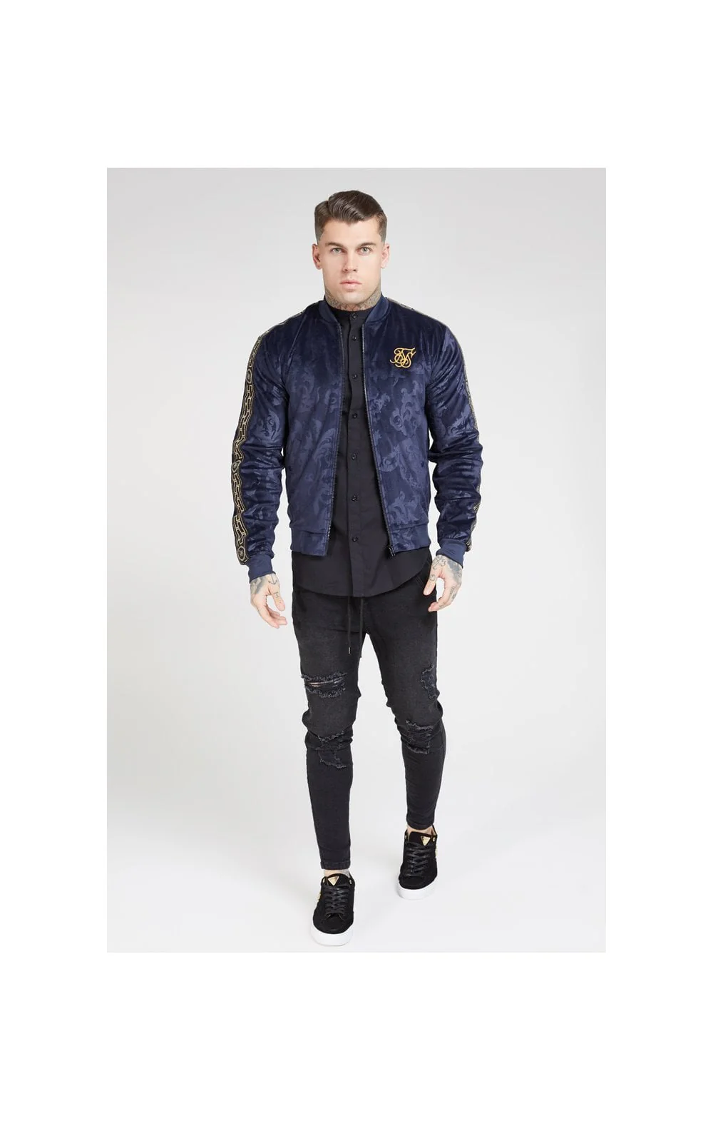 SikSilk Debossed Velour Bomber Jacket – Navy - Image 4