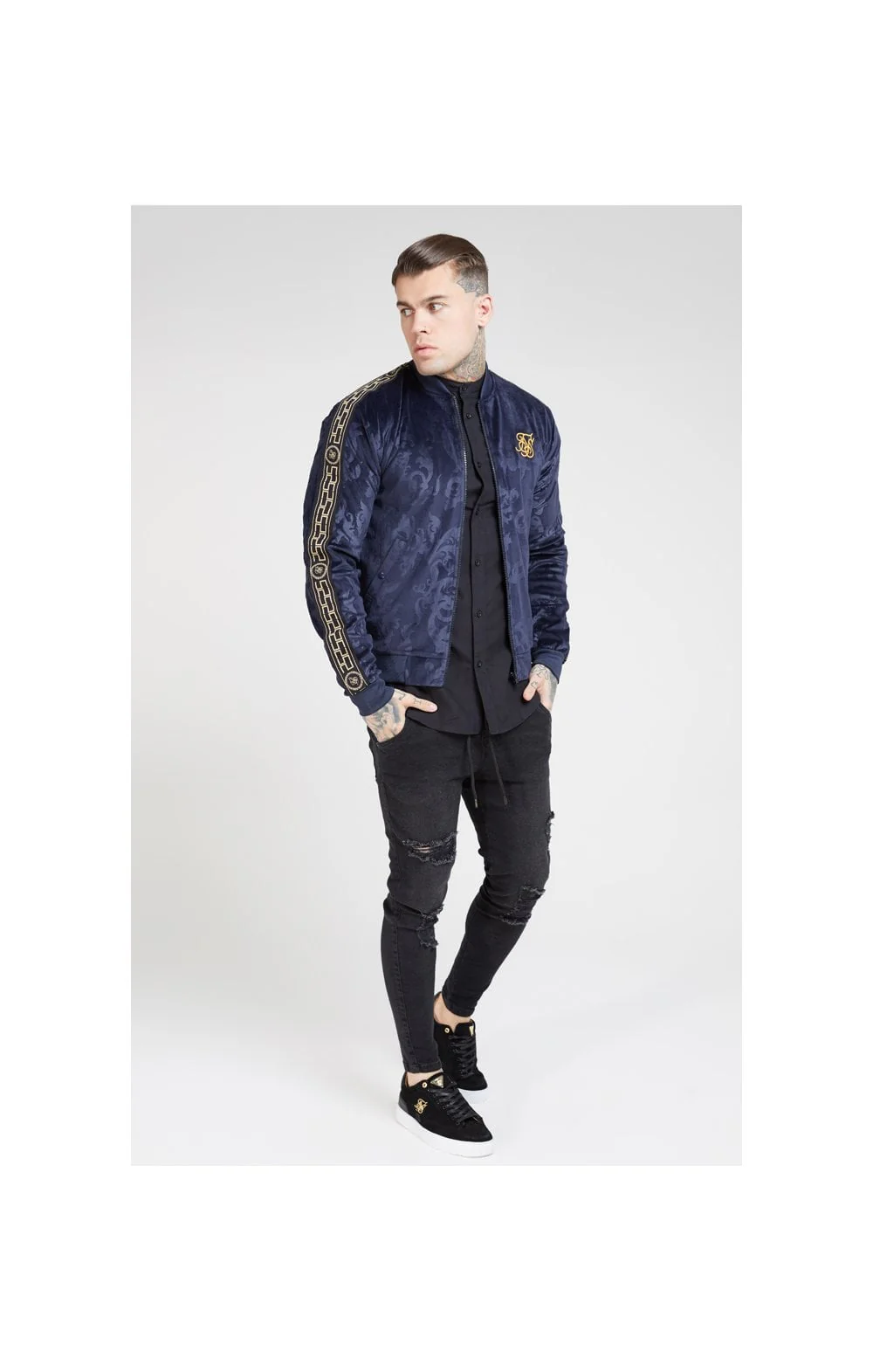 SikSilk Debossed Velour Bomber Jacket – Navy - Image 5