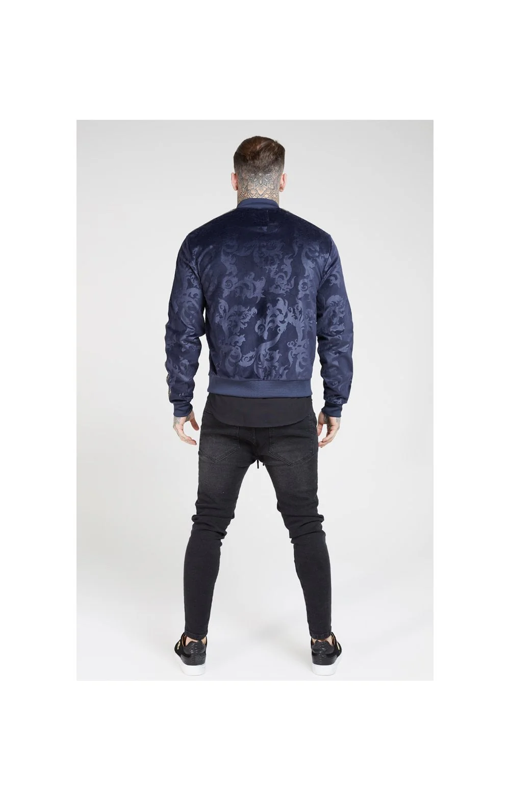SikSilk Debossed Velour Bomber Jacket – Navy - Image 6