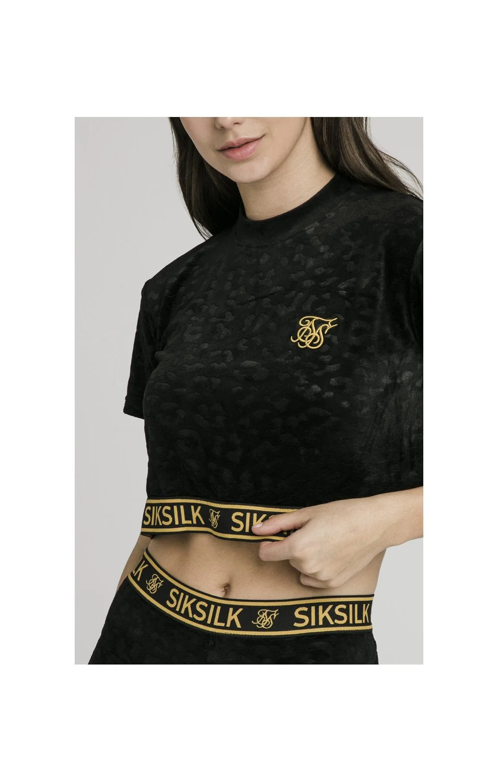 SikSilk Debossed Velour Crop Tee - Black - Image 2