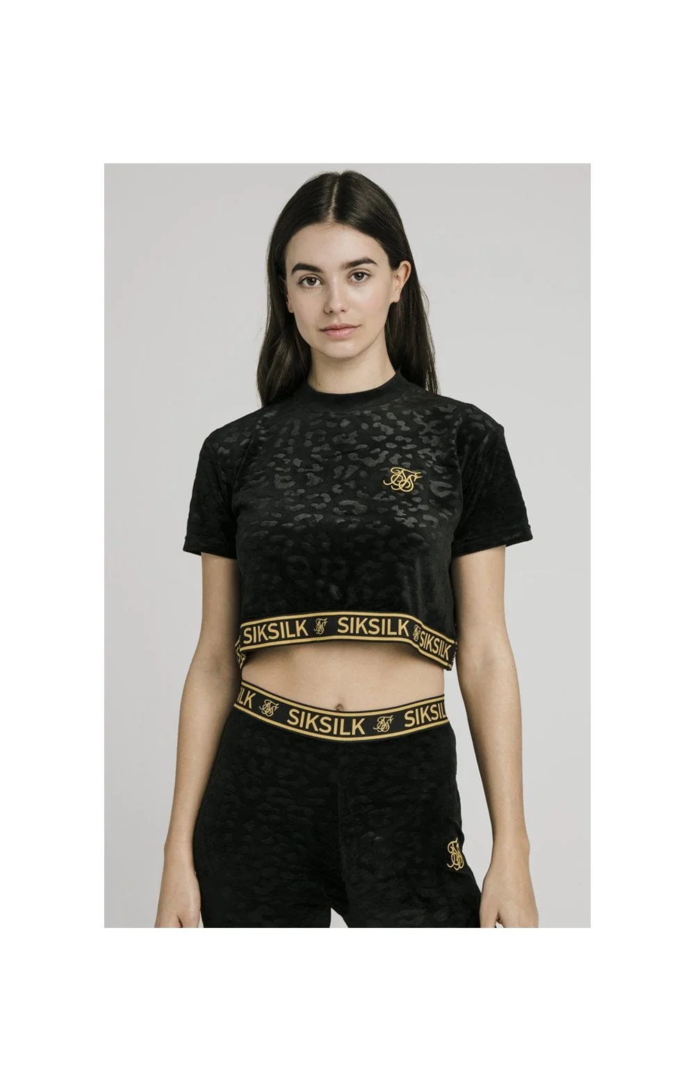 SikSilk Debossed Velour Crop Tee - Black - Image 3