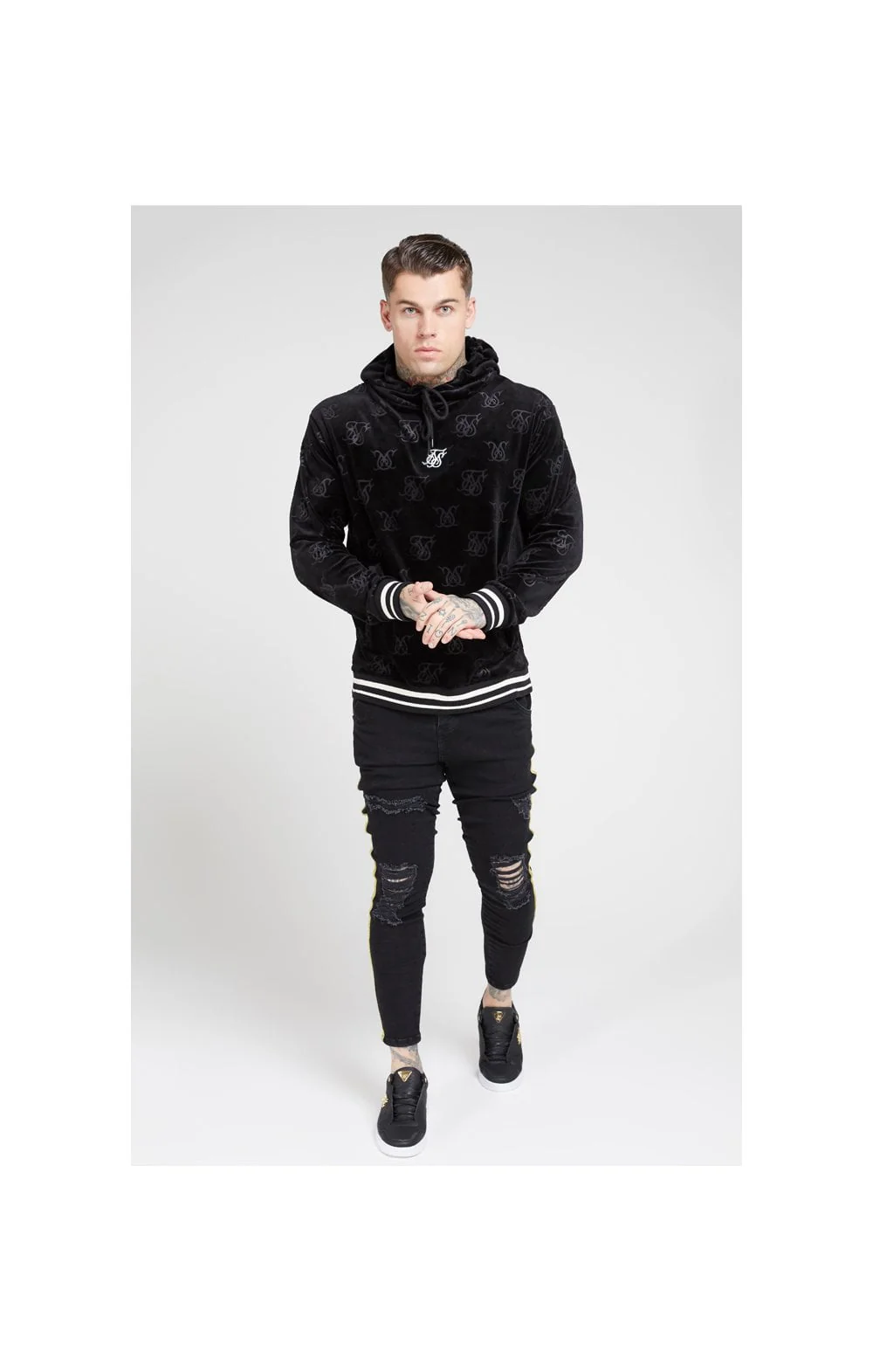 SikSilk Debossed Velvet Overhead Hoodie – Jet Black - Image 3