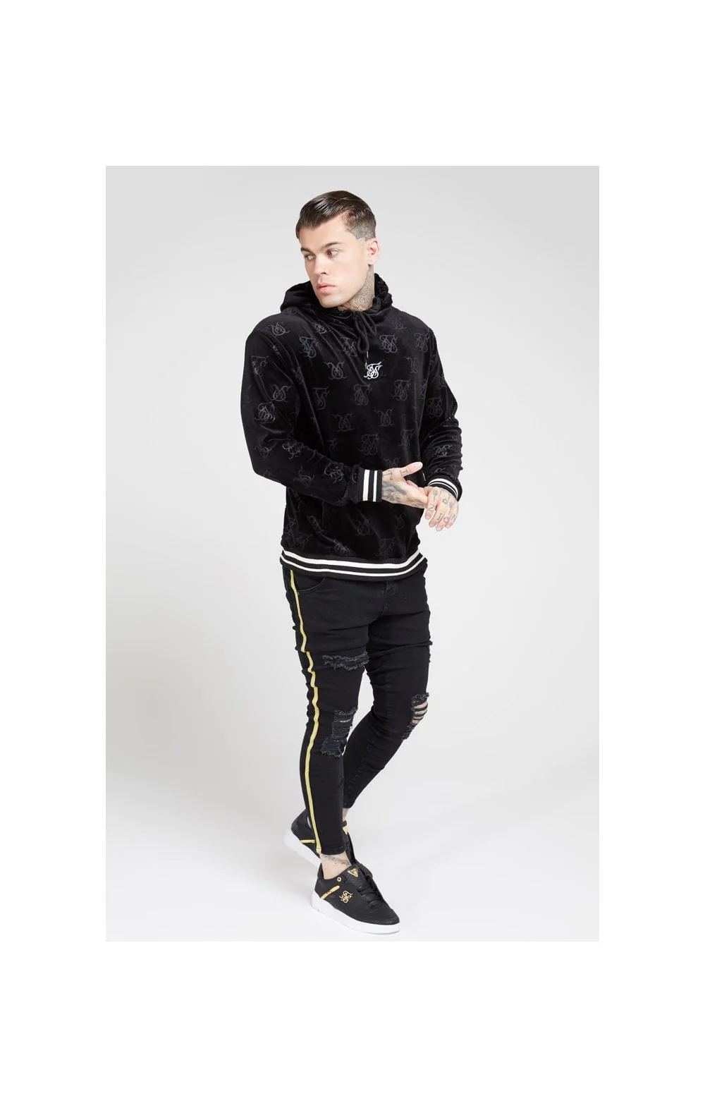SikSilk Debossed Velvet Overhead Hoodie – Jet Black - Image 4