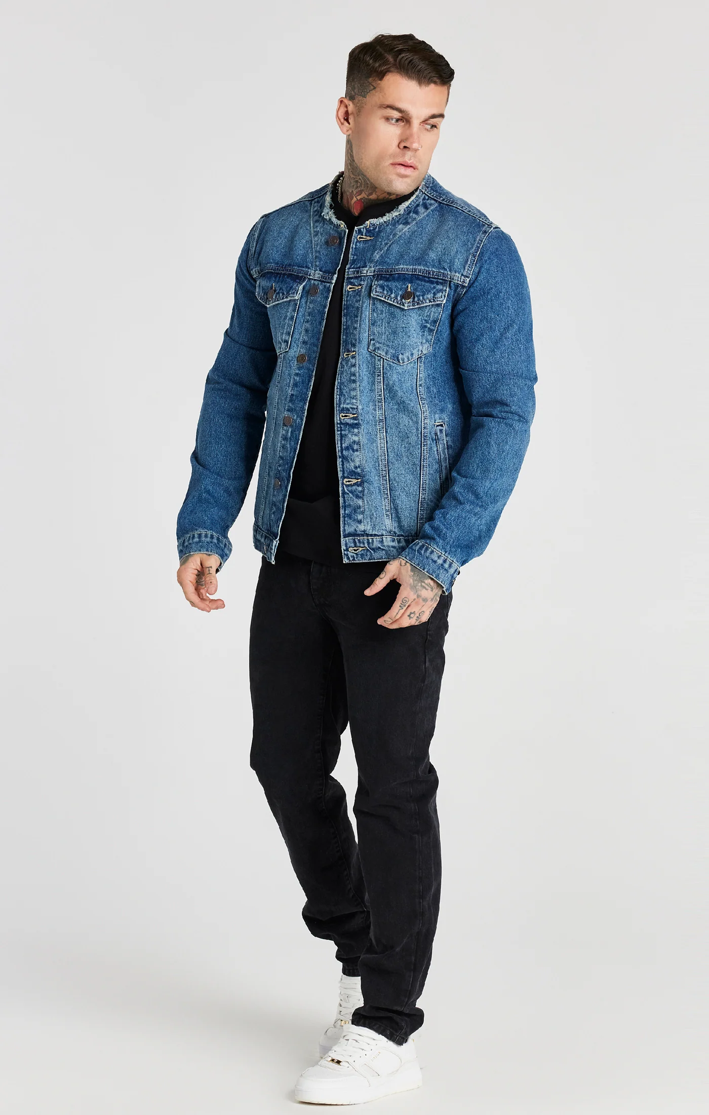 Blue Deluxe Collarless Denim Jacket - Image 3