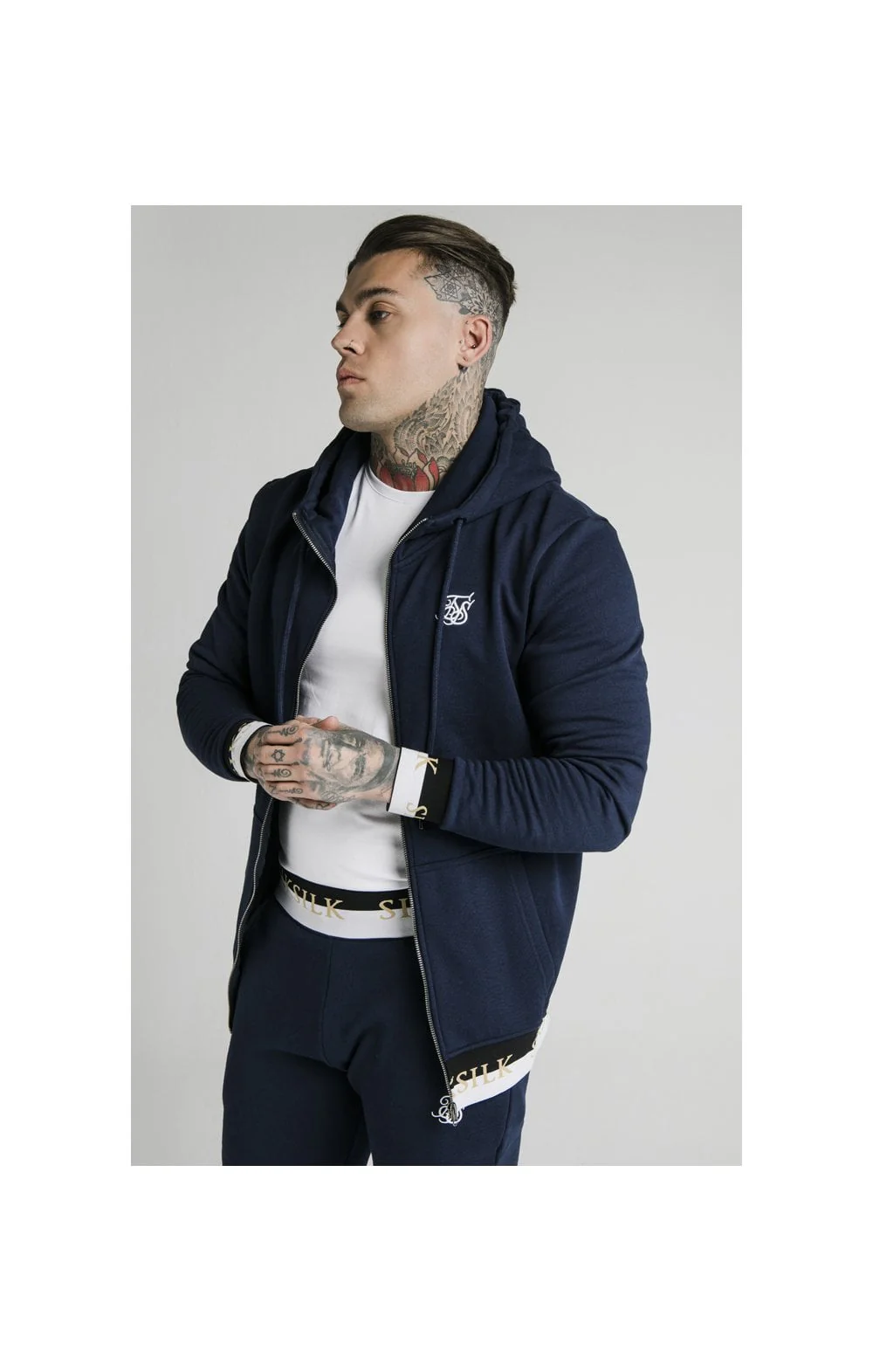 SikSilk Deluxe Zip Through Funnel Neck Hoodie - Navy