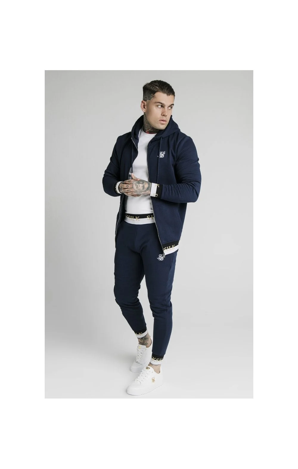 SikSilk Deluxe Zip Through Funnel Neck Hoodie - Navy - Image 4