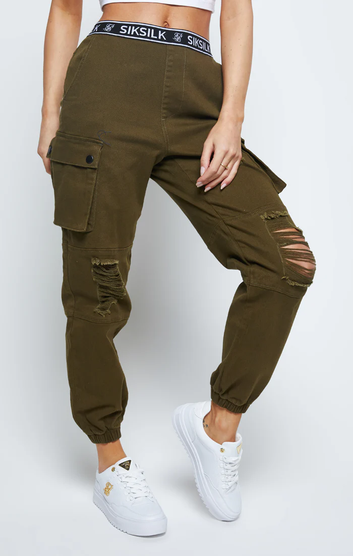 SikSilk Distressed Cargo Jogger - Khaki - Image 5