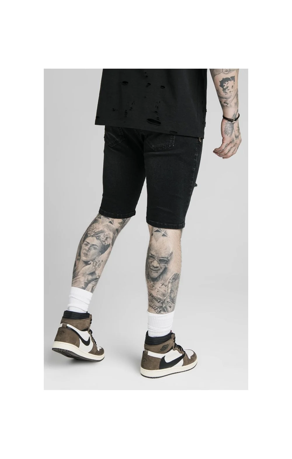 SikSilk Distressed Denim Flight Shorts – Washed Black - Image 3