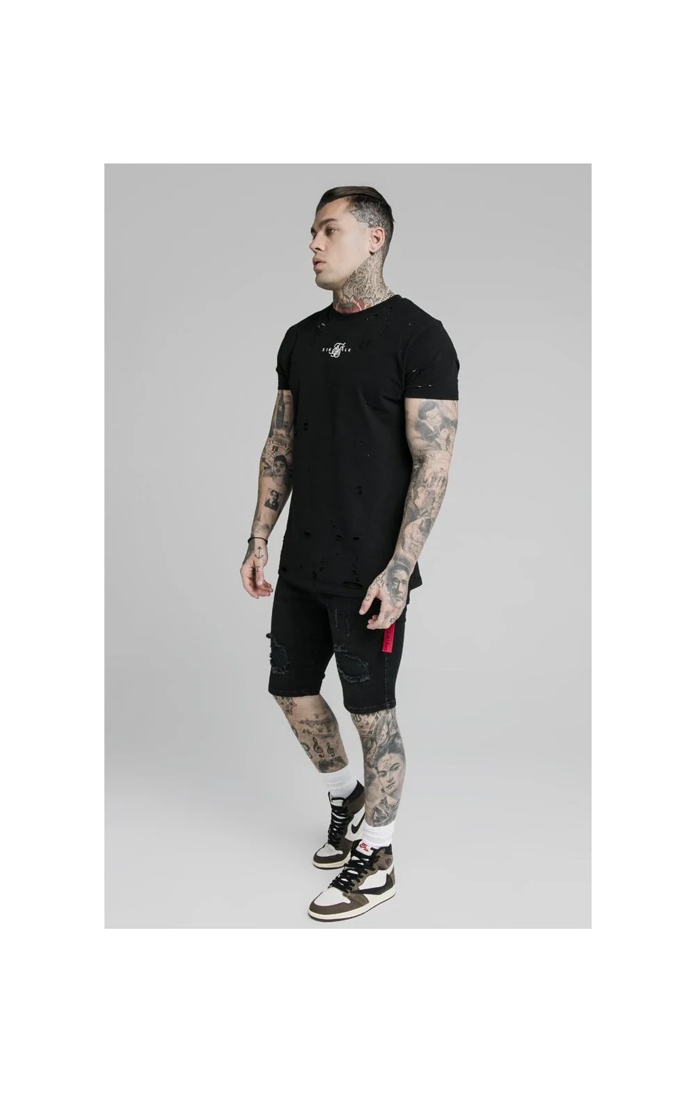 SikSilk Distressed Denim Flight Shorts – Washed Black - Image 4