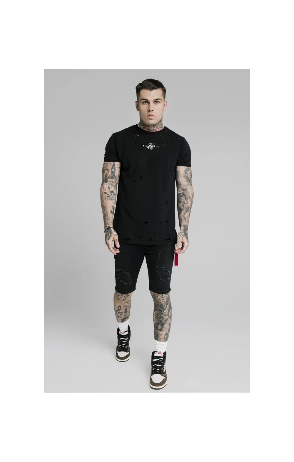 SikSilk Distressed Denim Flight Shorts – Washed Black - Image 5