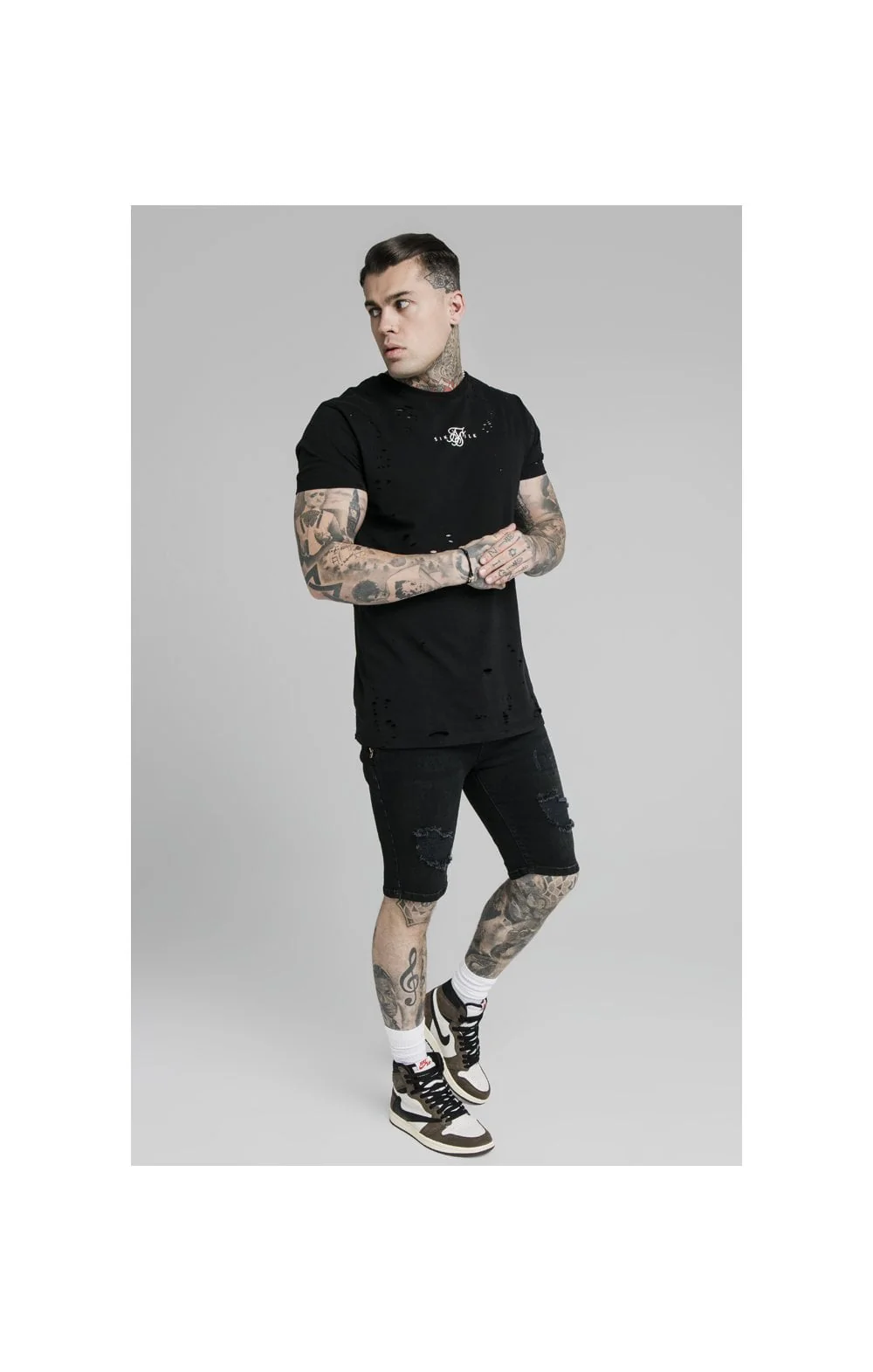 SikSilk Distressed Denim Flight Shorts – Washed Black - Image 6
