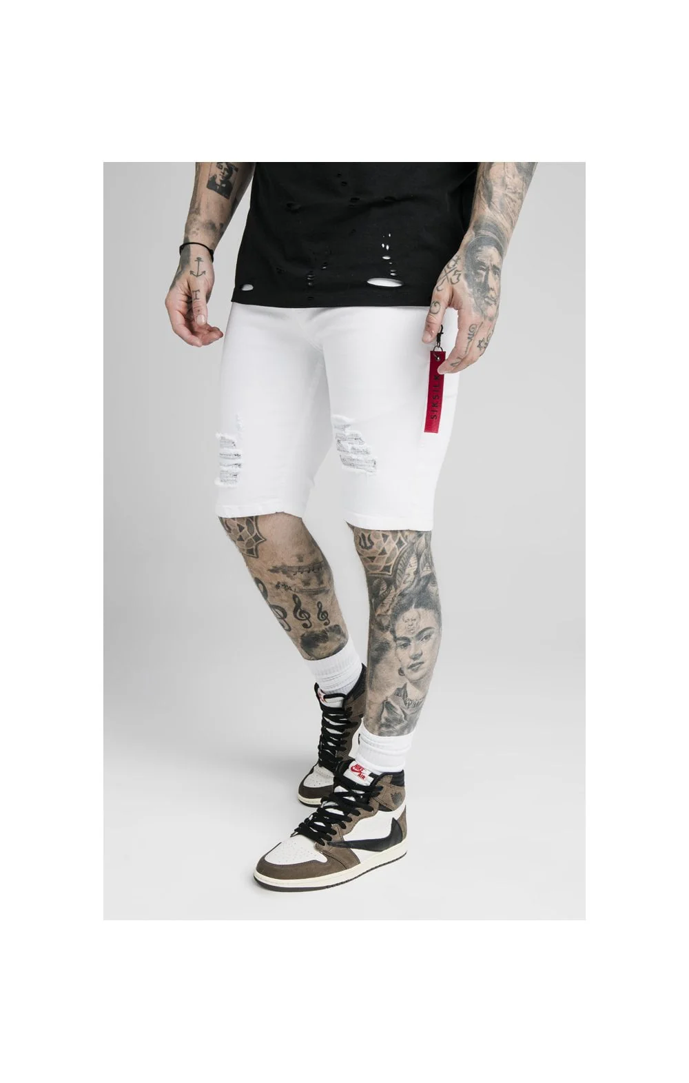 SikSilk Distressed Denim Flight Shorts - White