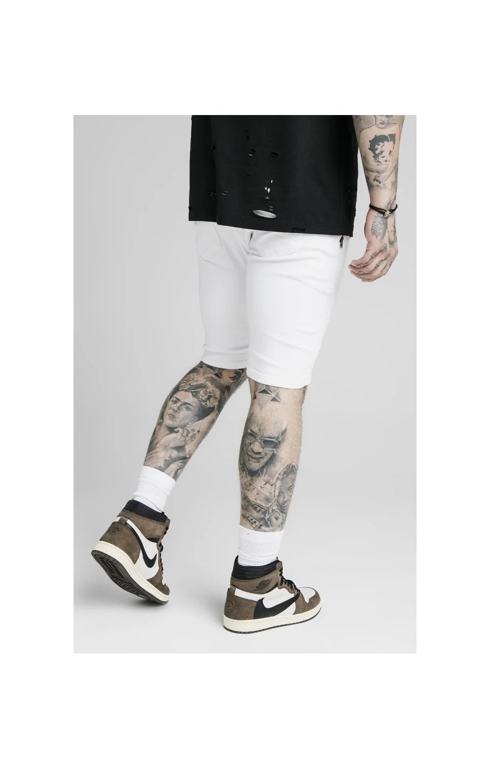 SikSilk Distressed Denim Flight Shorts - White - Image 3