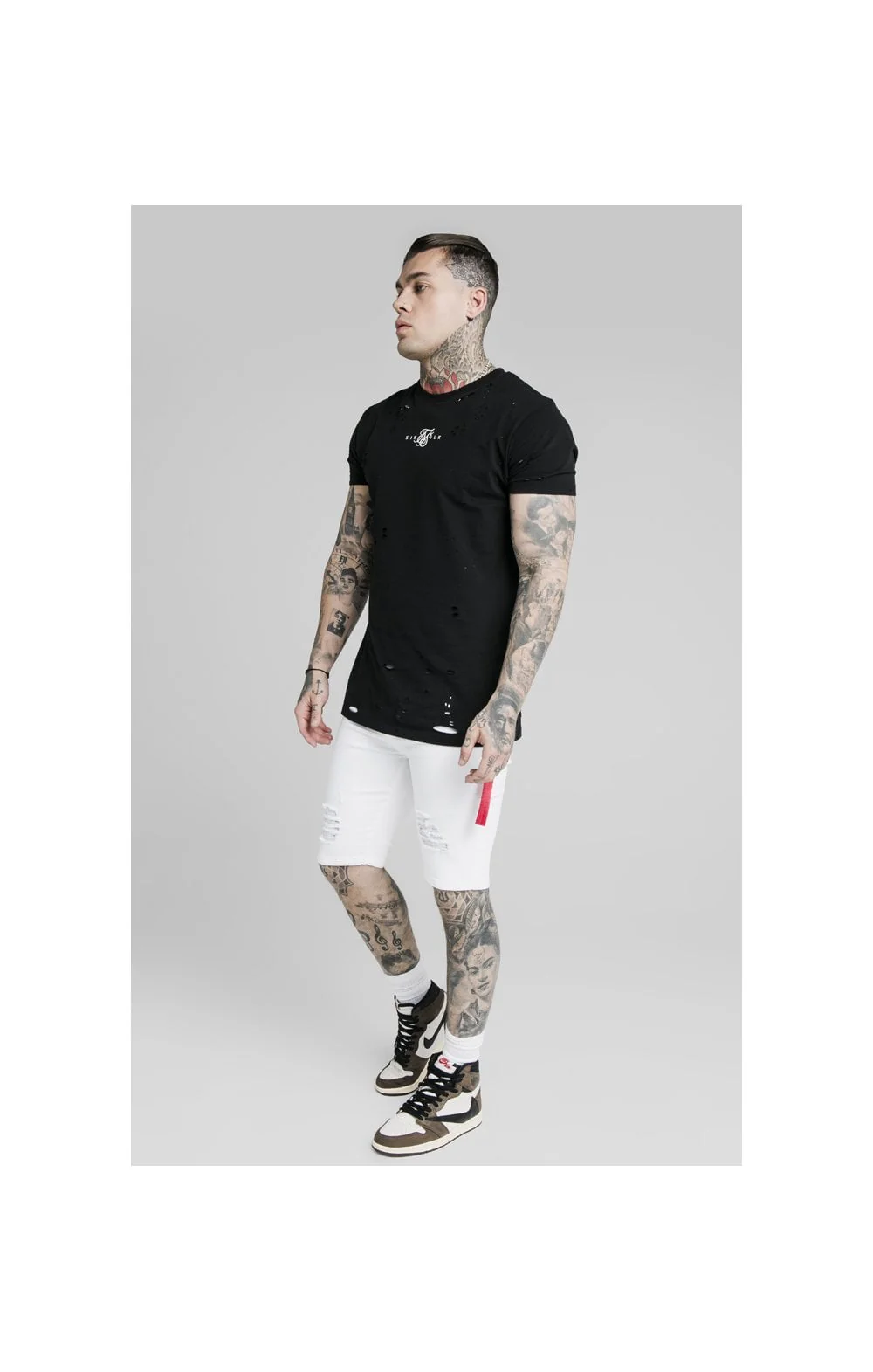 SikSilk Distressed Denim Flight Shorts - White - Image 4
