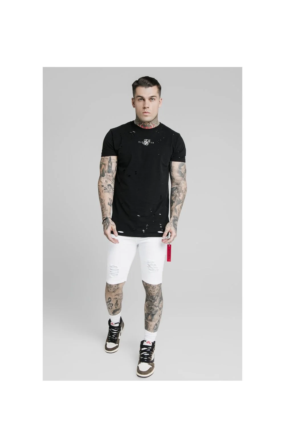 SikSilk Distressed Denim Flight Shorts - White - Image 5