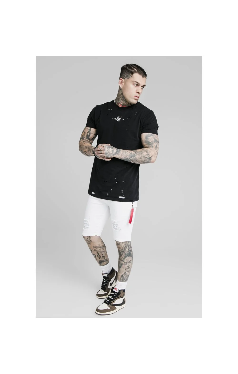 SikSilk Distressed Denim Flight Shorts - White - Image 6