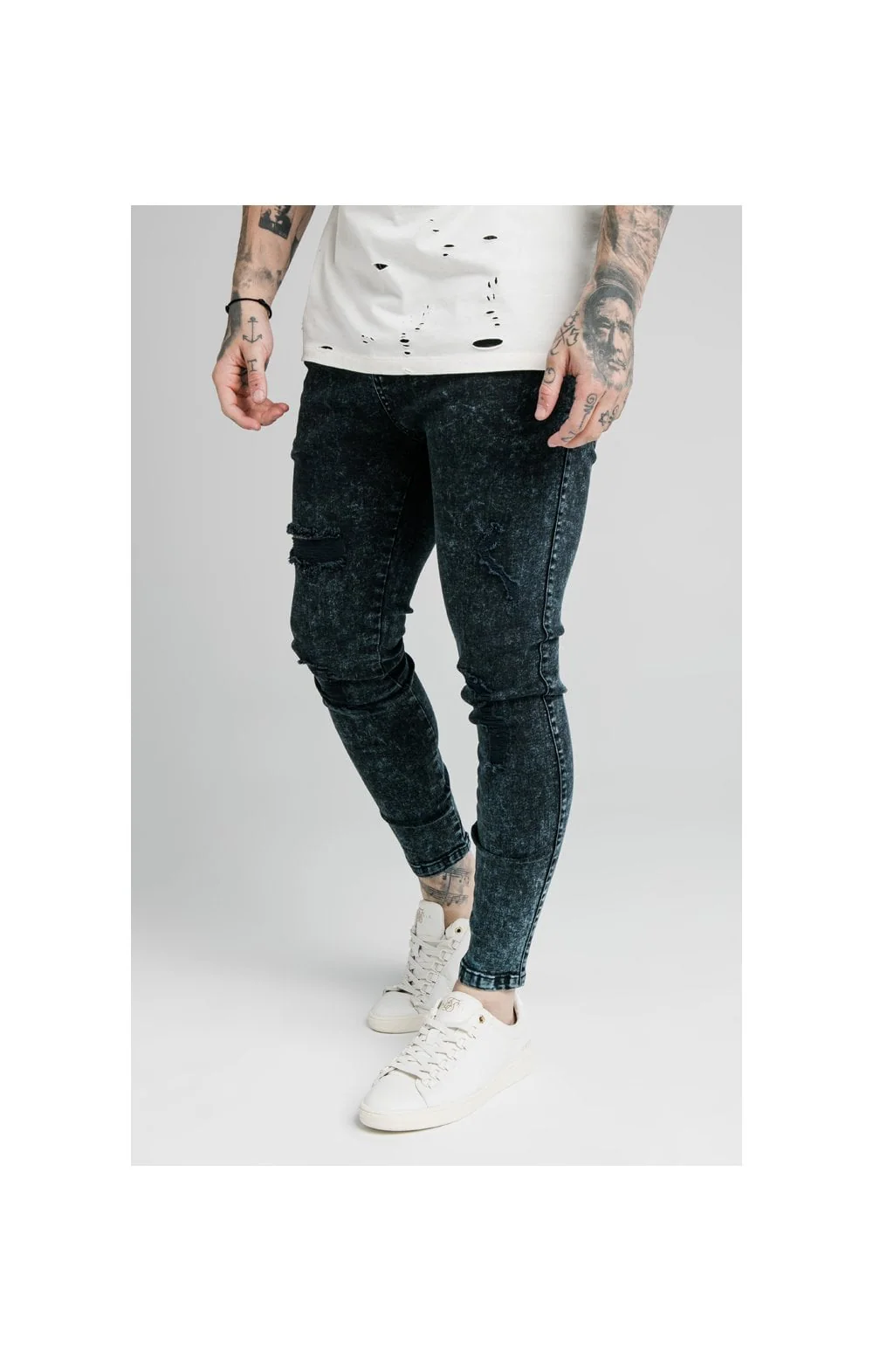 SikSilk Distressed Skinny Jeans - Navy Acid Wash