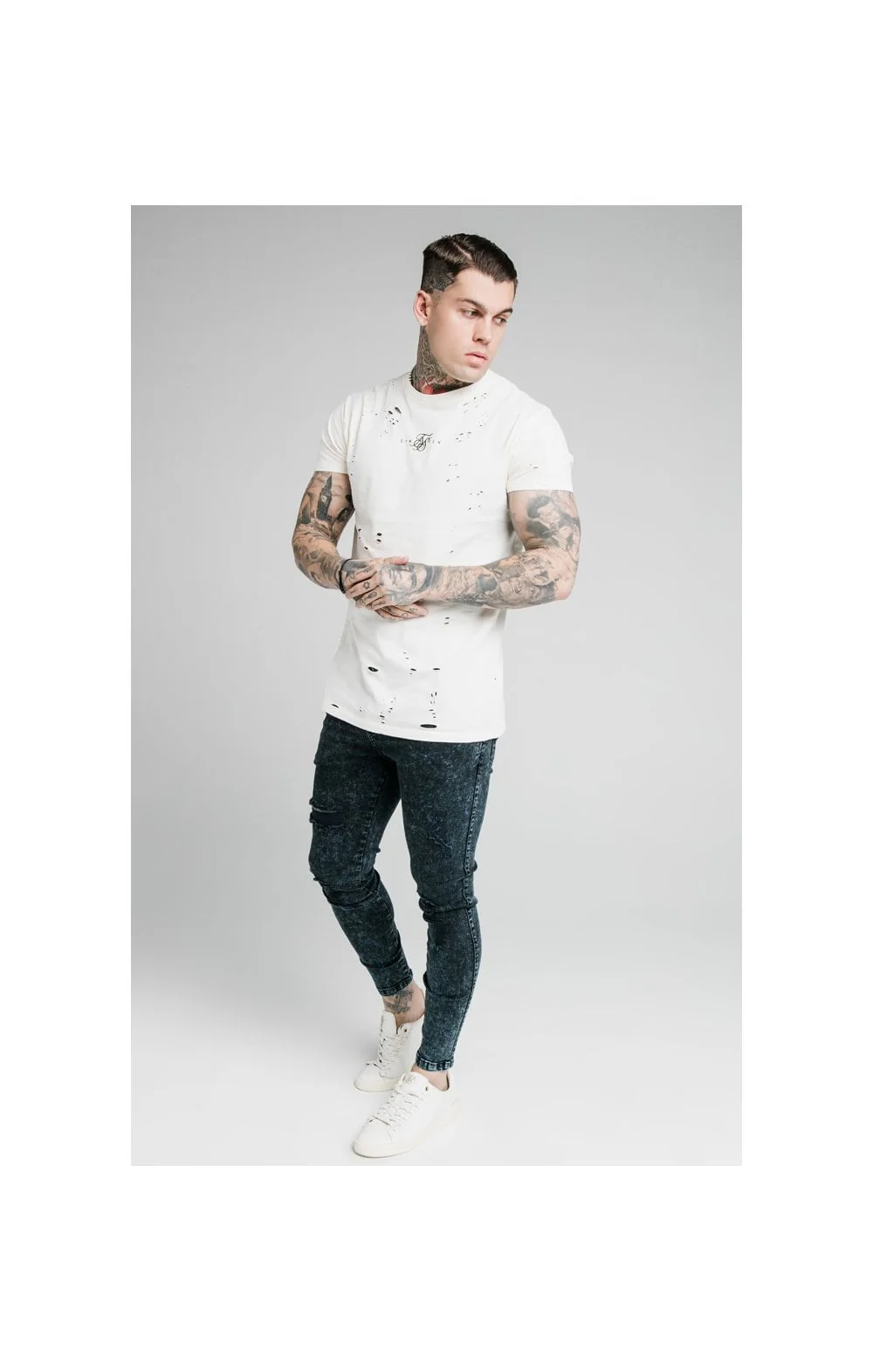 SikSilk Distressed Skinny Jeans - Navy Acid Wash - Image 4