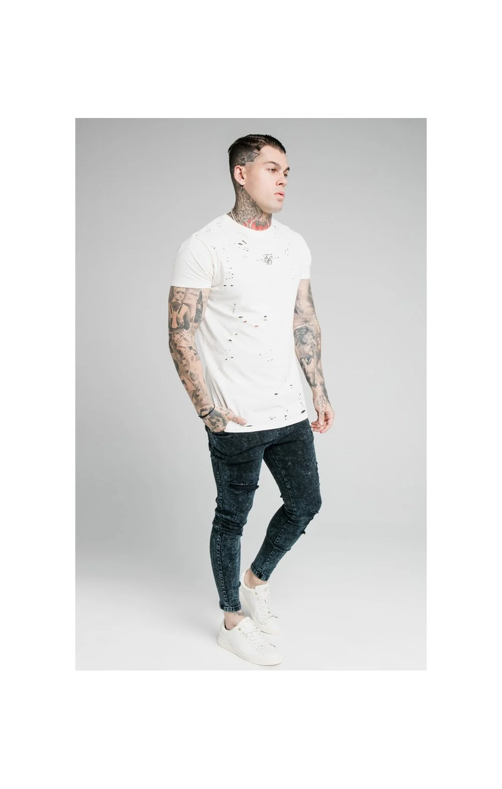 SikSilk Distressed Skinny Jeans - Navy Acid Wash - Image 6