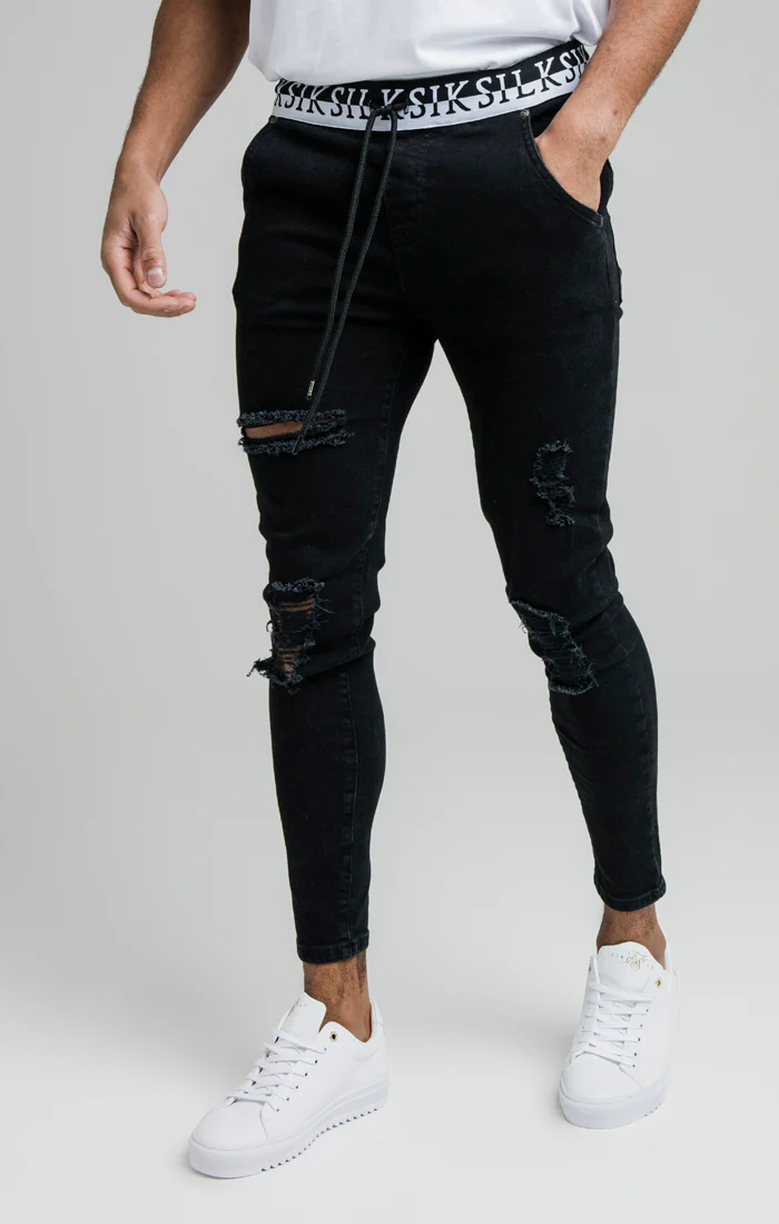 SikSilk Distressed Skinny Elasticated Jeans - Washed Black